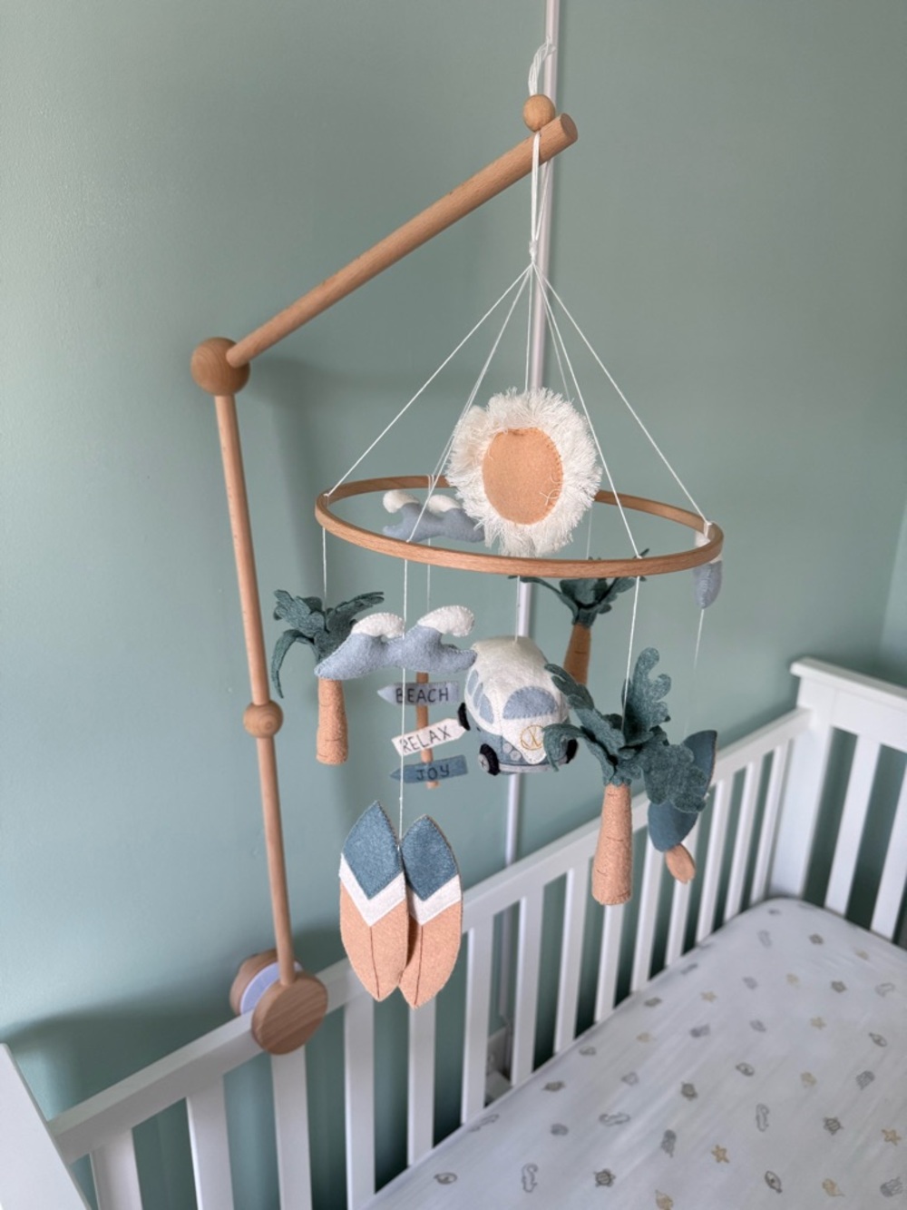 Neutral Beach-Themed Crib Mobile with Sun & Palm Details